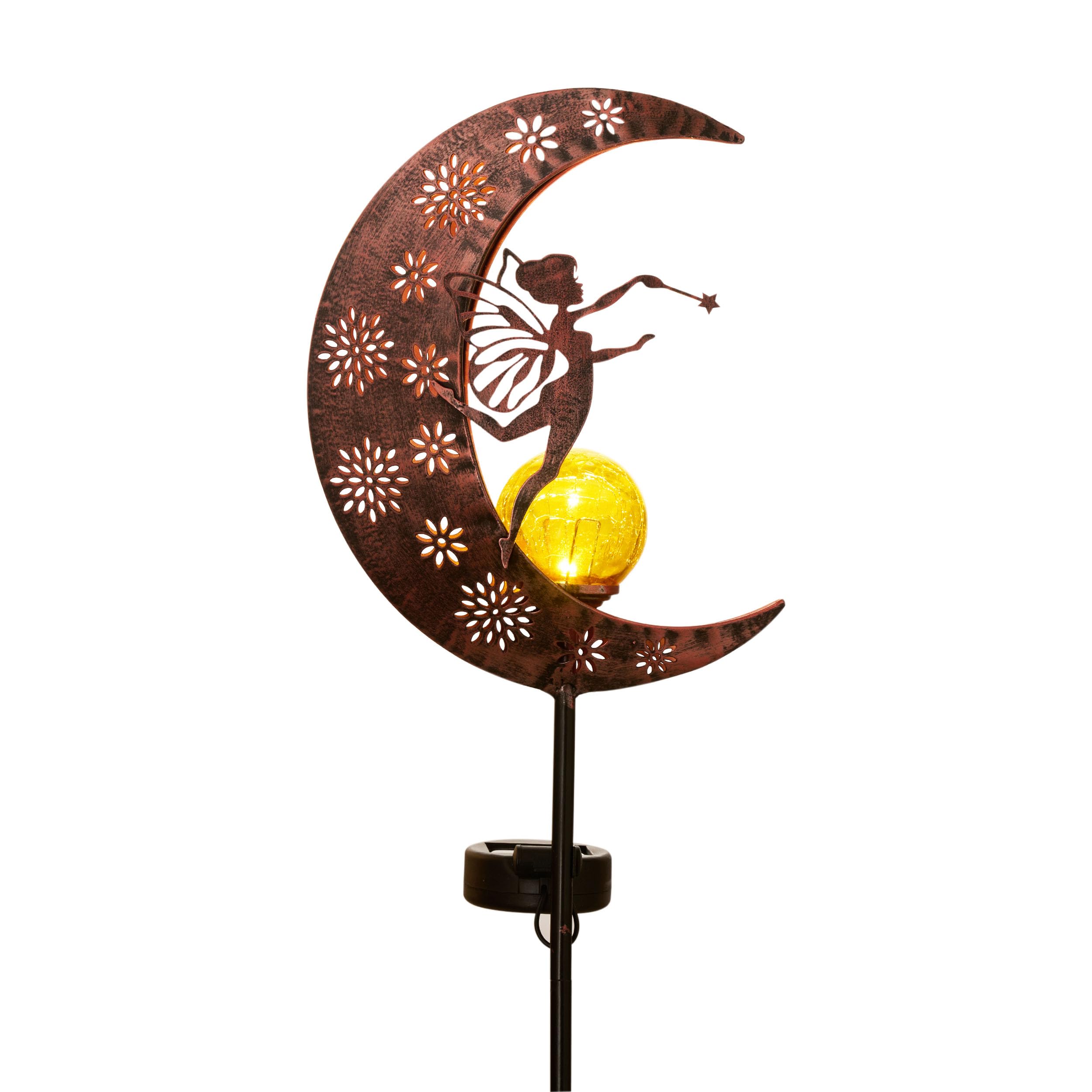 TERESA'S COLLECTIONSGarden Ornaments Outdoor, Mum Gifts for Mothers Day, Large Waving Wand Fairy & Moon Solar Light, Solar Stake Lights with Crackle Glass Ball for Lawn Path & Flower Pot, 40inch