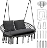 Magshion Double Hammock Swing Chair with 3 Cushions, 700 lbs Capacity, Macrame Hanging Bench for Indoor & Outdoor Use, Cotton Woven Mesh Porch Hanging Rope Swing, Black