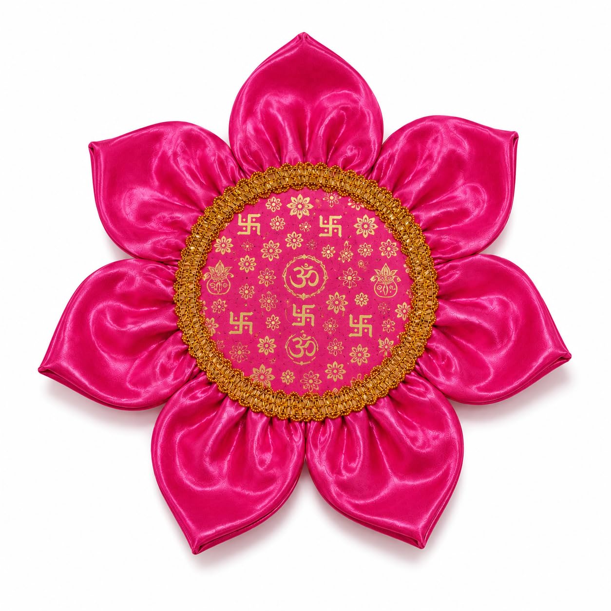 Atreya Handcrafted Lotus Pooja Aasan 24.5 cm | Satin Petal Mat with Gold Om, Swastik & Kalash Print for Home Temple, Idol, Kalash & Diya Thali | Rani Pink with Gold Beaded Border | Gift Box-image-23