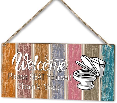 Letrero de baño con texto en inglés "Welcome Please Seat Yourself", decoración de placa colgante de madera, estante de puerta de casa de campo,