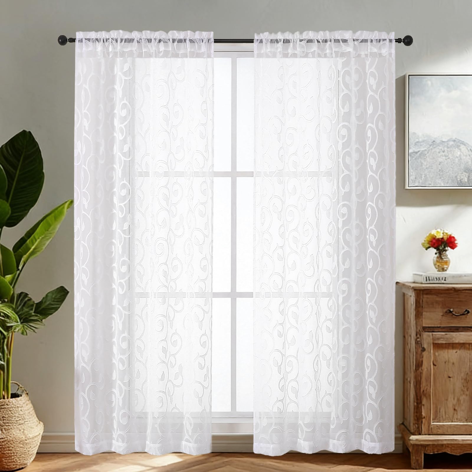 Simplebrand White Sheer Voile Curtains with Embroidered Pattern, 2 Panels 140x183cm, Rod Pocket Light Filtering Window Curtains