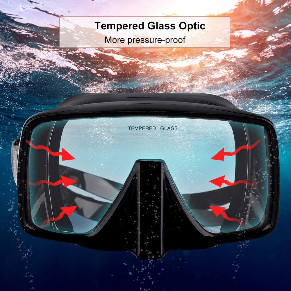Maschera subacquea | Maschera da snorkeling in vetro temperato e silicone | Ampia vista antinebbia – Occhiali di prevenzione per immersioni subacquee / salvataggio / snorkeling | Cinghia regolabile e
