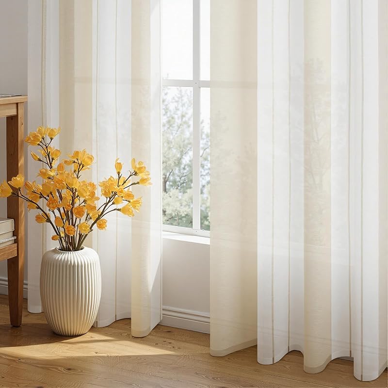 MRTREES Modern Rövid Függöny Bézs Fehér Csíkos 145cm Nappali Hálószoba 2db