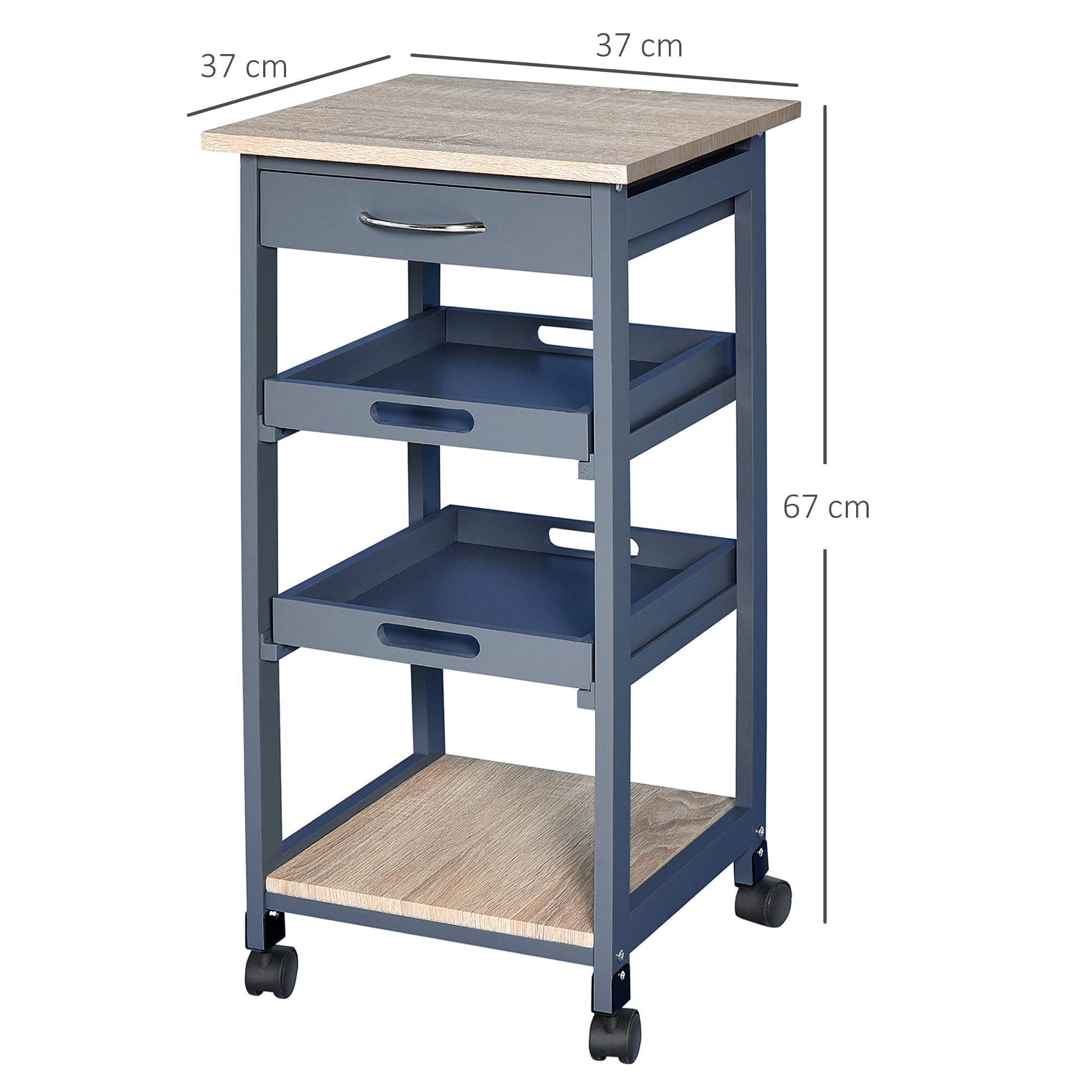 HOMCOM Carrello da Cucina con Cassetto, 2 Vassoi Estraibili e Ripiano Fisso, Carrello Portaoggetti in Legno di Pino e MDF, 37x37x76 cm, Grigio e Rovere