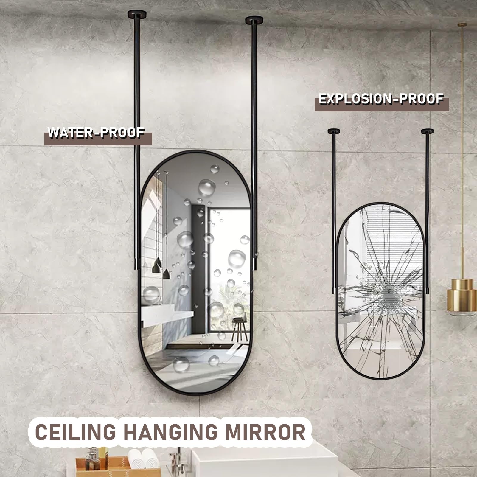 Owalne lustro do sufitu wiszące montowane lustro z czarną metalową ramą, dekoracyjne proste lustro do toaletki dom przedpokój sypialnia łazienka salon(50cmx60cm)