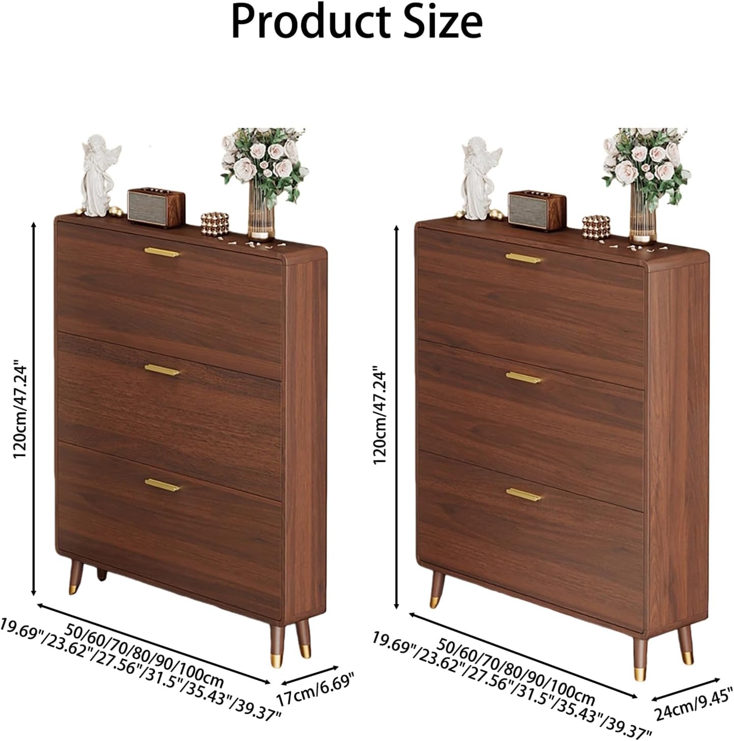 47" Wooden Narrow Slim Shoe Cabinet with 3 Flip Drawers,Freestanding Hidden Shoe Storage Organizer with Open Storage for Hallway, Foyer Adjustable Shelves,Brown,17×100cm