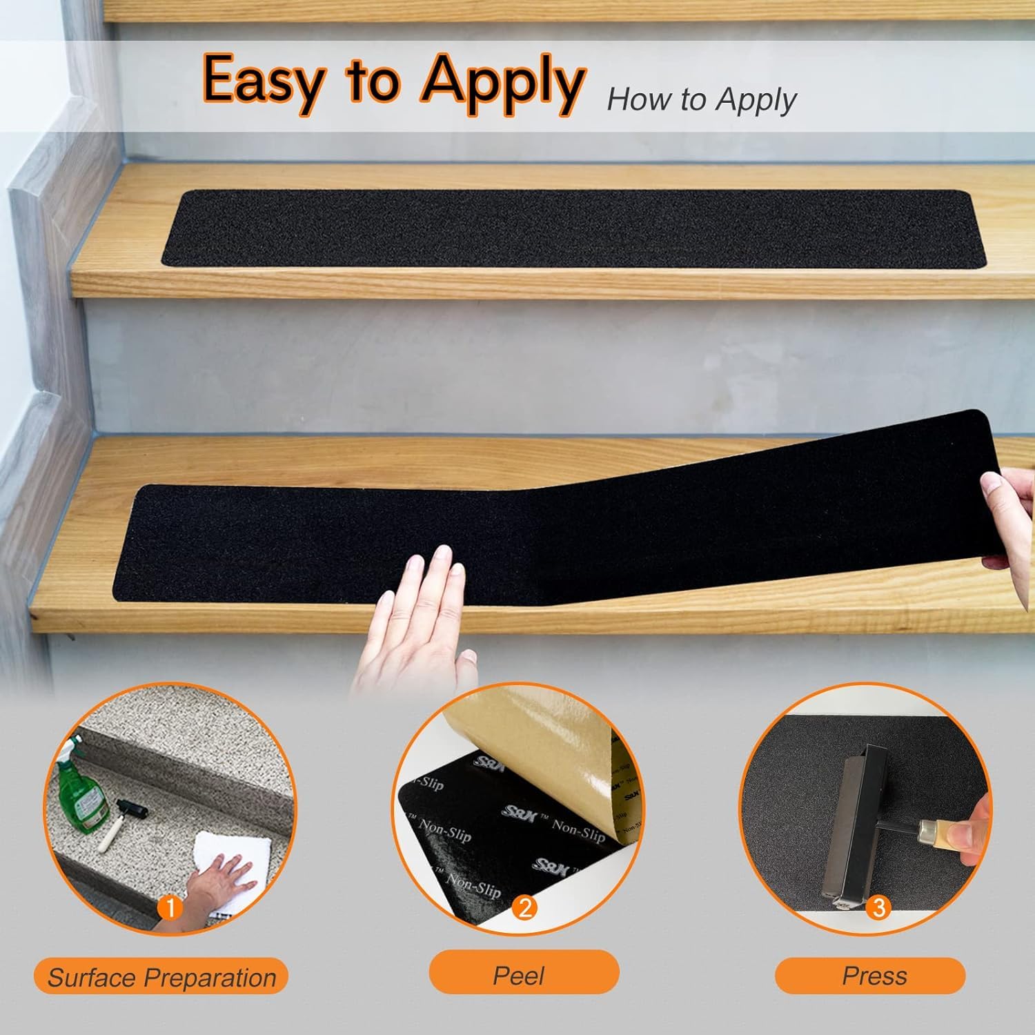 S&X Outdoor Stair Treads Non-Slip Tape 15-Pack Pre-Cut 6"x24" for Wooden Steps, High Traction Grip, Anti-Slip, Weather-Resistant, Black - Image 7