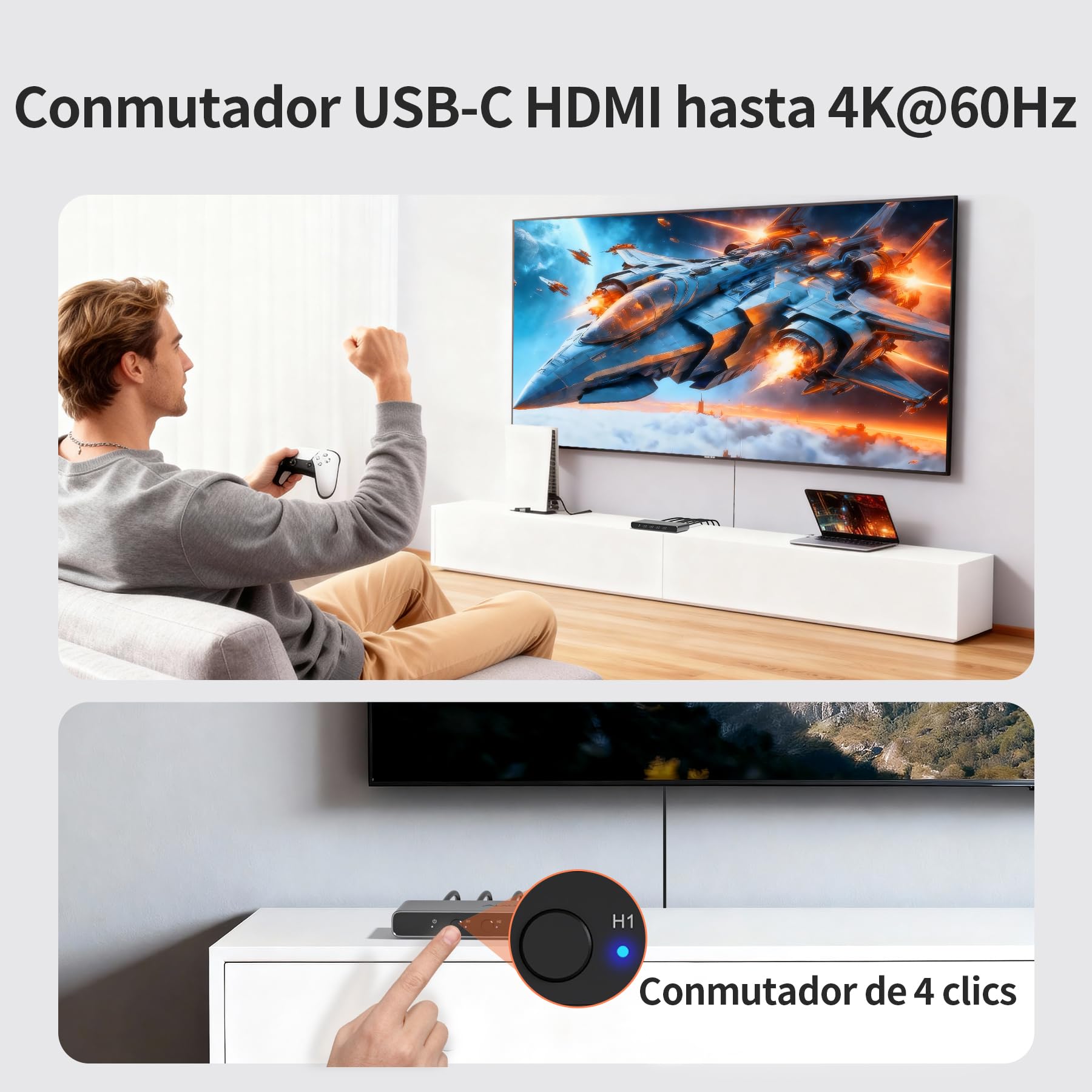 Alxum Switch KVM para 2 PC y 2 monitores, 2 entradas DP y 2 salidas HDMI | 4 USB 3.0, 4K@60Hz, compatible con teclado, ratón, audio, almacenamiento, incluye 2 cables USB-B y fuente de alimentación