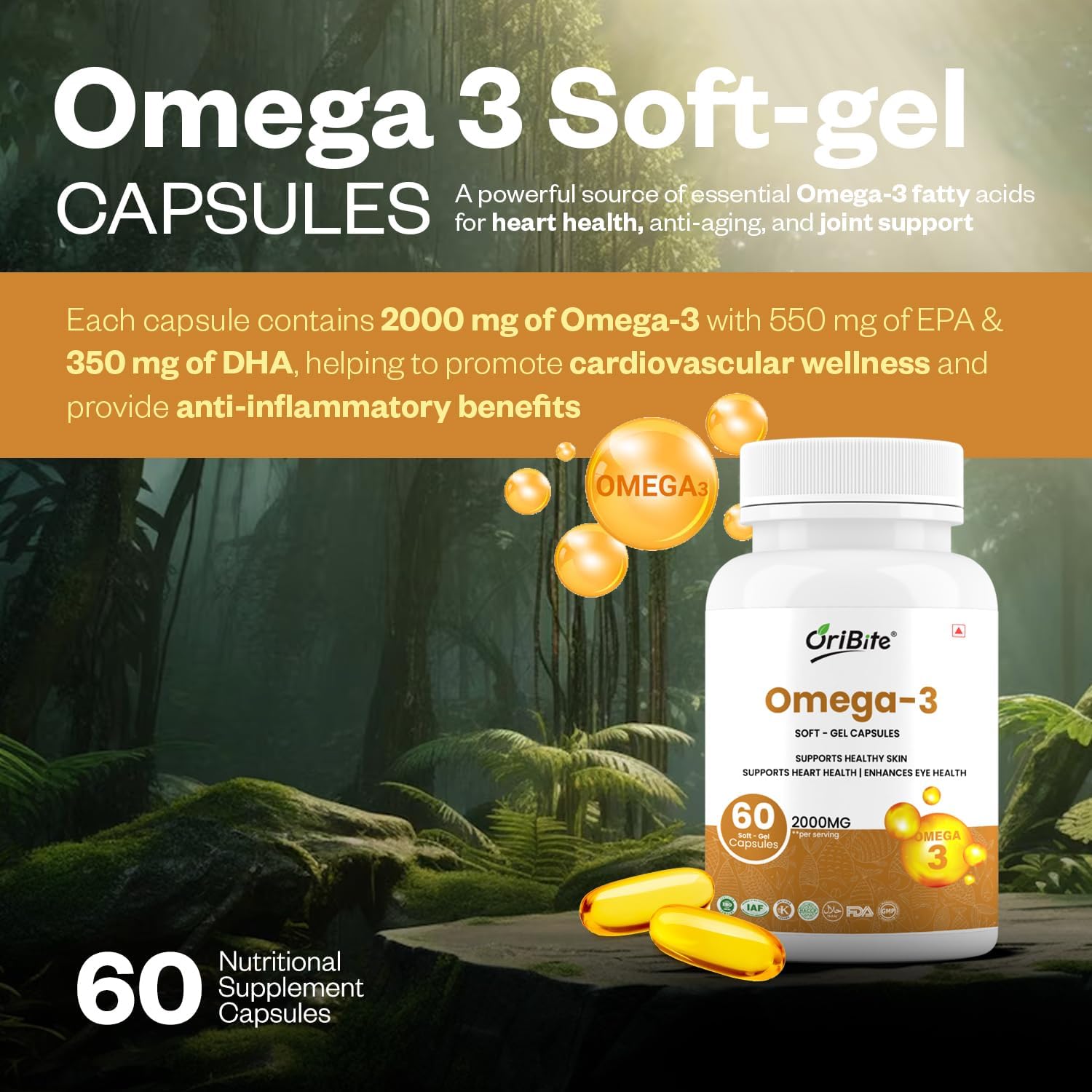 Omega-3 Fish Oil 2000mg – Supports Heart, Skin & Eye Health – 60 Softgel Capsules with EPA & DHA – Burpless Premium Fish Oil Supplement