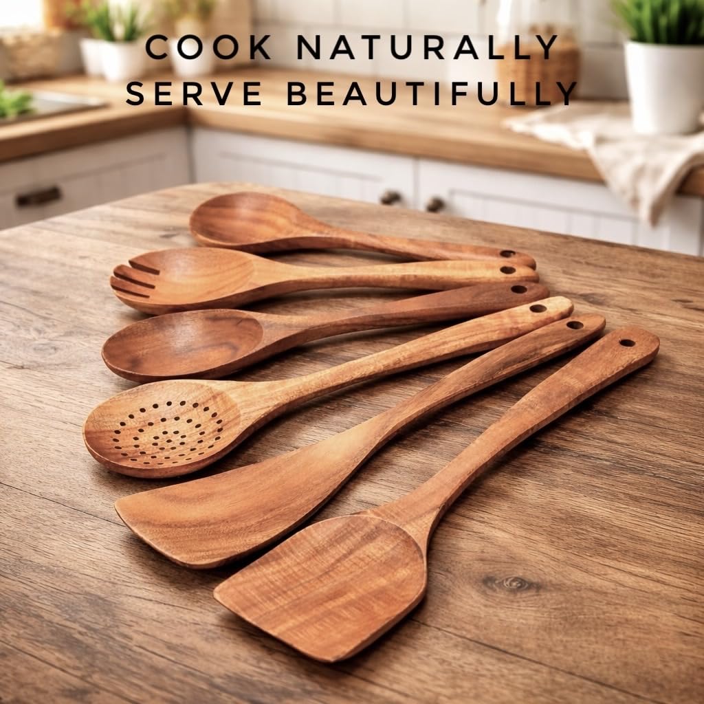 Juego de utensilios de madera de 6 piezas – Cucharas y espátulas de madera de teca premium, antiadherentes, resistentes al calor, duraderas y ecológicas para cocinar y servir