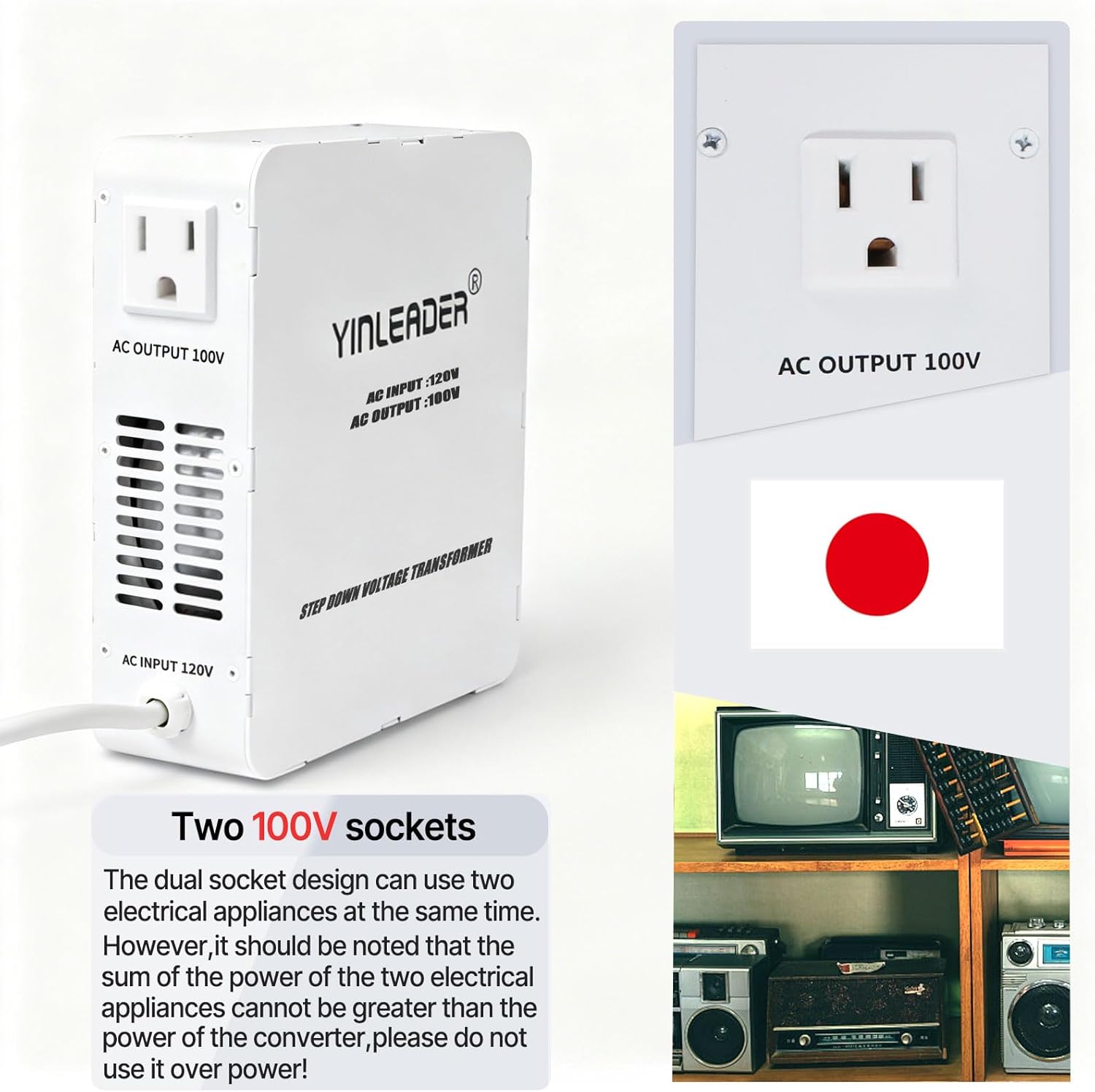 Yinleader 1500W US 120V to 100V JP Japan Voltage Converter Step Down Transformer Ideal for Japanese Electronic Devices(White)