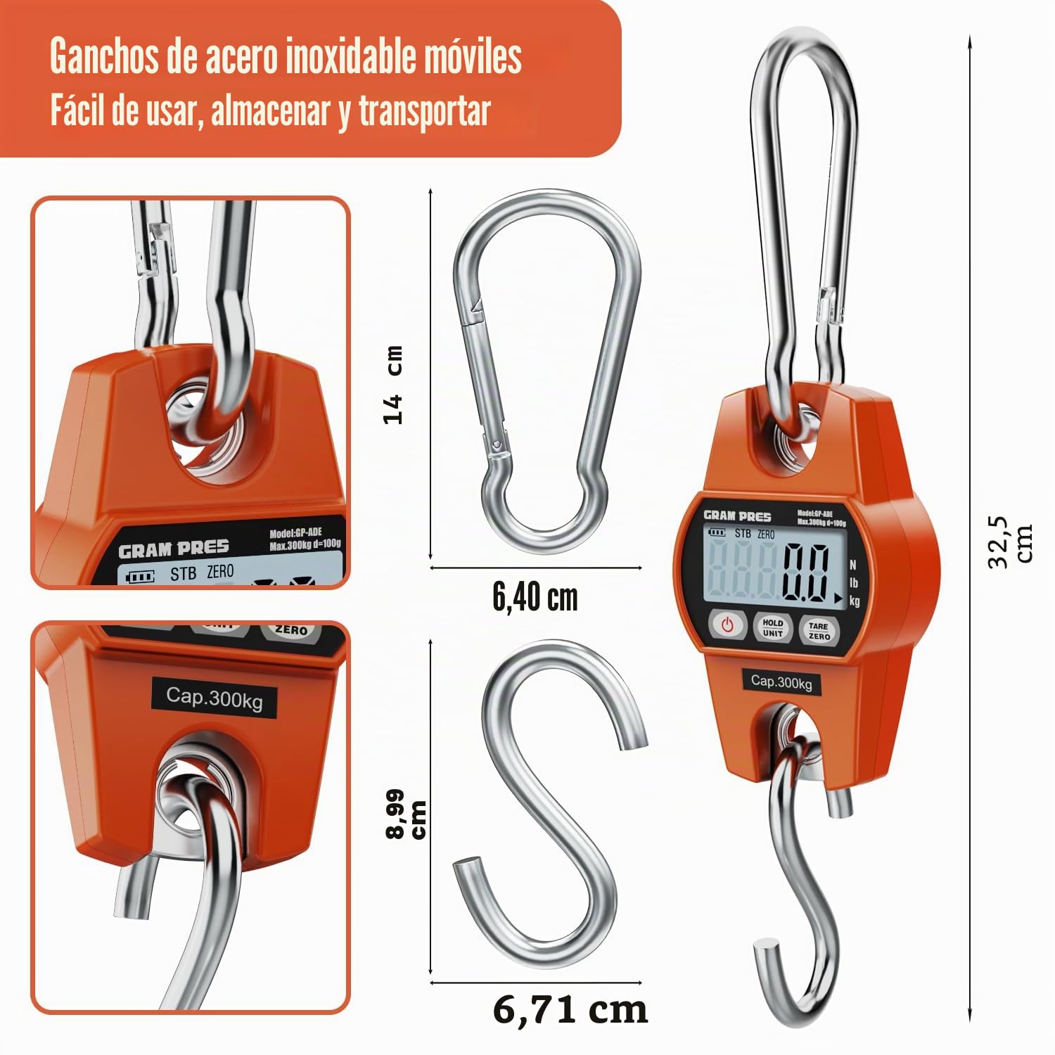 GRAM PRES Báscula colgante digital, mini báscula de grúa 300KG/100g, báscula para caza de ciervos, báscula digital con gancho para granja, pescado, equipaje, actividades al aire libre.