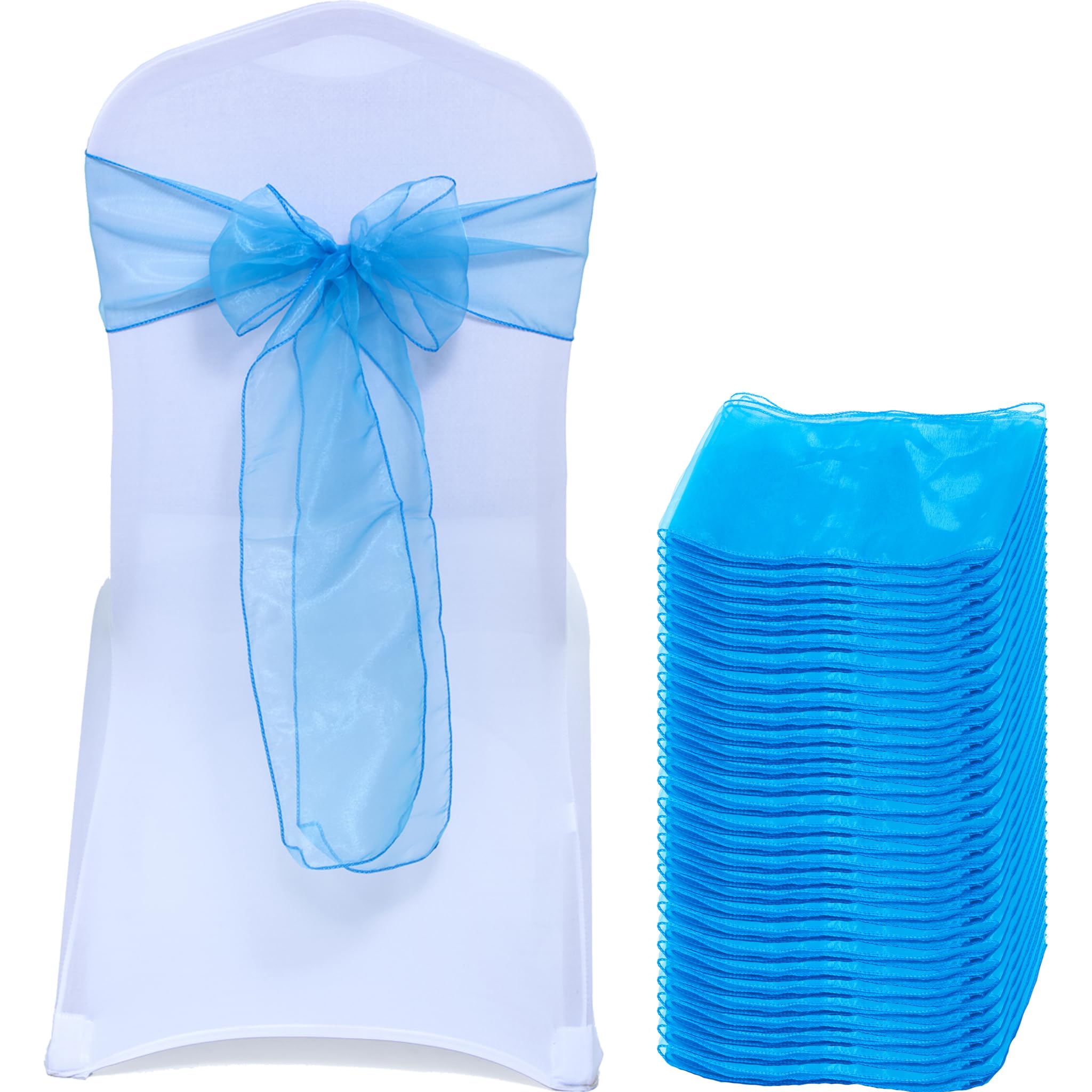EDecor Pack of 50 Organza Chair Sashes for Wedding & Party Decorations – Reusable Sheer Chair Bows Tie Back for Banquet Chairs, Bridal Shower, Birthday, Reception Event Styling Décor - Blue — image 1