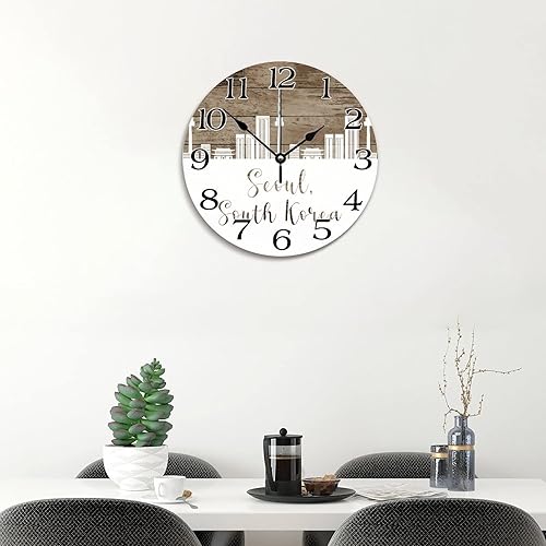 Miniatura 5 de Reloj de pared con silueta de horizonte de Seúl, Corea del Sur, Seúl, reloj de pared grande, funciona con pilas, 10 pulgadas, silencioso, sin
