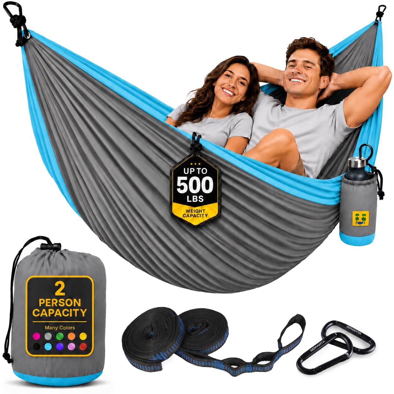 Durable Hammock 500 lb Capacity, Nylon Camping Hammock Chair - Double or Single Sizes w/Tree Straps and Attached Carry Bag - for Travel/Backpacking/Beach/Backyard (Large, Light Grey &amp; Sky Blue)