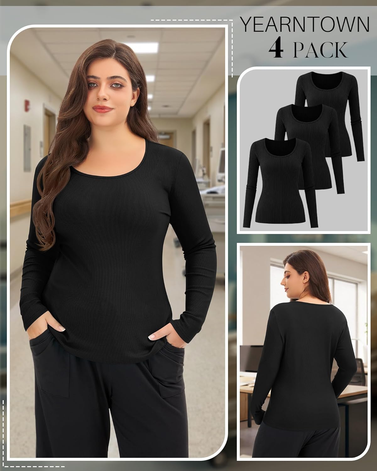 4 Pack Women's Plus Size Underscrubs Shirts, Cotton Ribbed Long Sleeve Nurse Top Scoop Neck Fitted Basic Undershirt