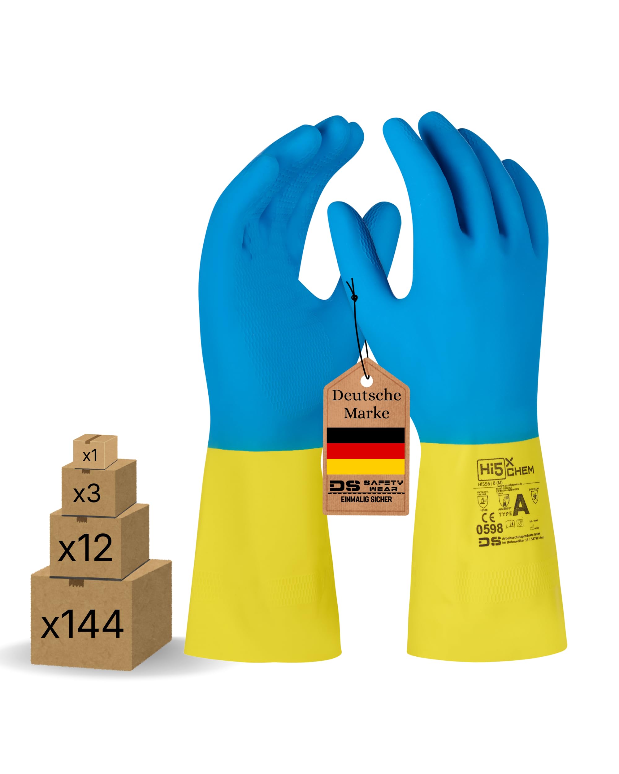 Hi5 Chem - Chemikalienschutzhandschuhe aus Naturkautschuk- Größen M, L, XL, XXL, (8, 9, 10, 11) - rutschfeste, flüssigkeitsdichte Arbeitshandschuhe mit Flockfutter - für Industrie (XL, 144.0, stück)