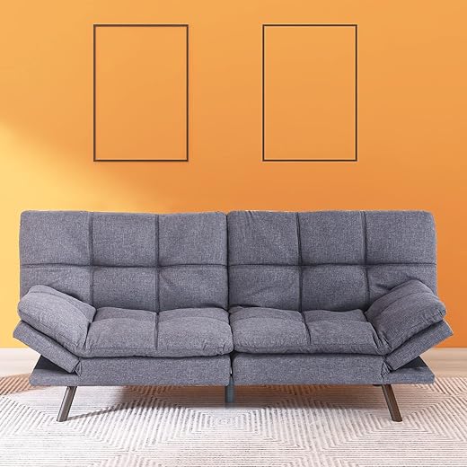 Hcore Convertible Futon Sofa Bed,Grey Fabric Memory Foam Loveseat Futons Sofa Couch,Small Euro Lounger Sofa for Compact Living Spaces,Apartment,Dorm,Studio,Guest Room, Home Office