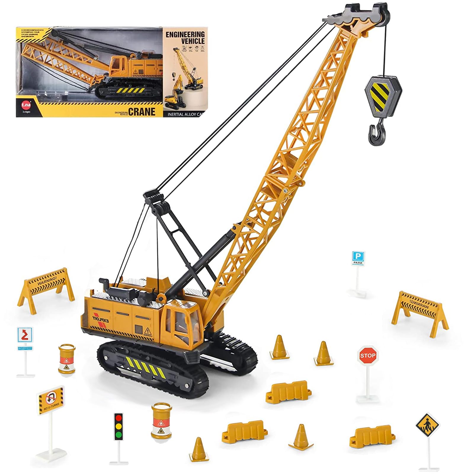 Coolplay Grue jouet camion bac à sable avec panneau de signalisation routière pour enfants, camion de construction 1:55 pour garçons de 3 ans