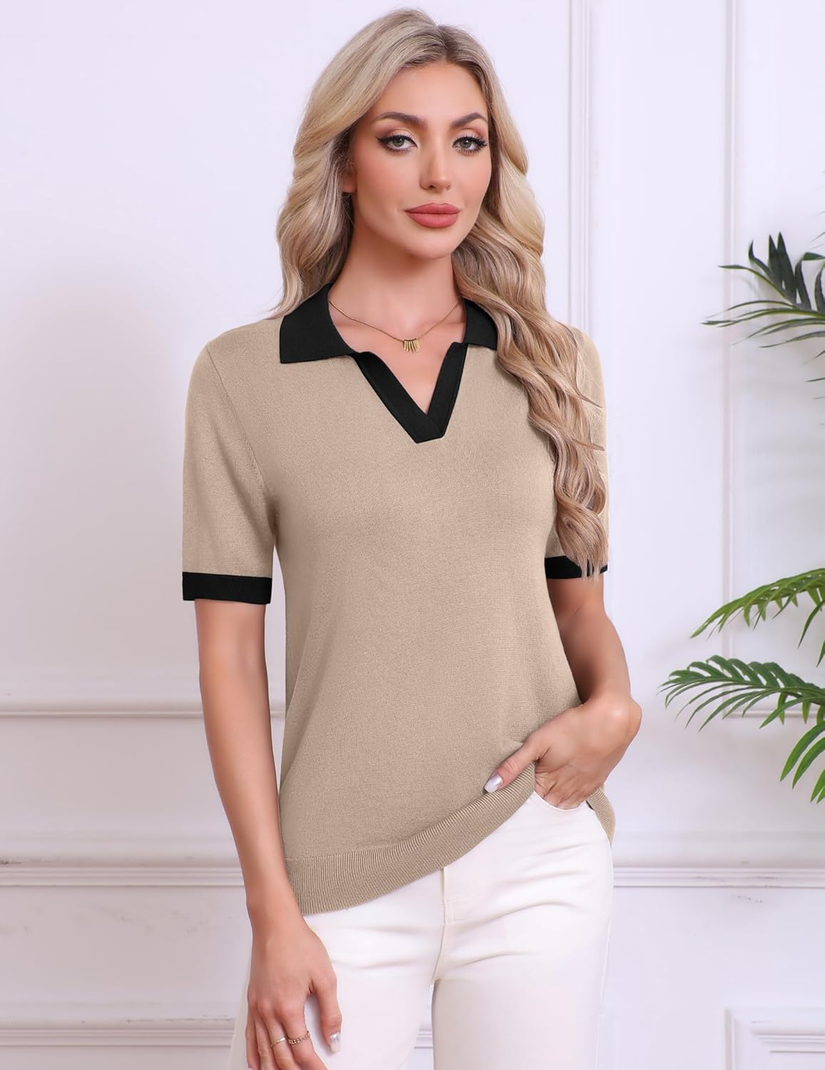 Zeagoo Women's Short Sleeve Polo Sweater V Neck Knitted Spring Casual Work Tops Loose Pullover Shirt - Image 5