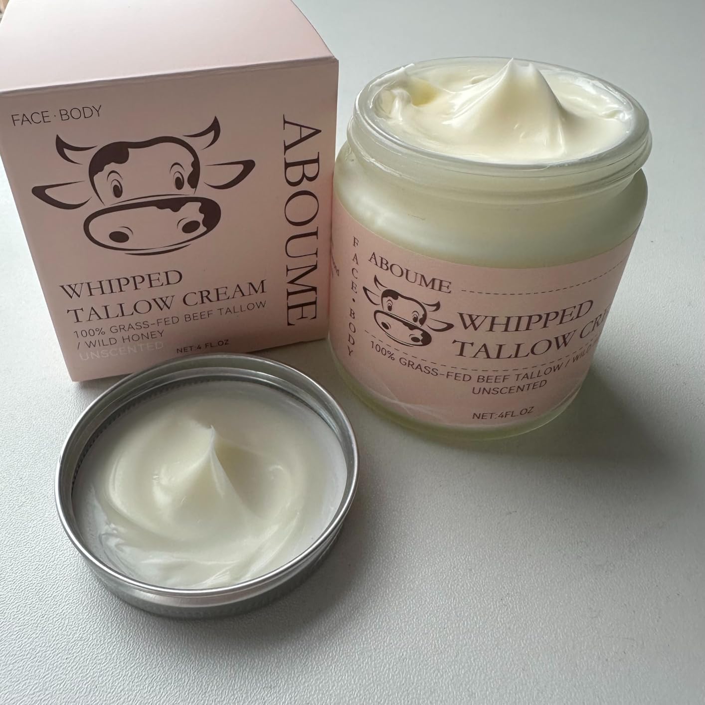 ABOUME Beef Tallow for Skin, 100% Grass-Fed Whipped Beef Tallow and Honey Balm with Wild Honey & Beeswax, Face & Body Moisturizer Cream for Sensitive Skin 4 FL.OZ