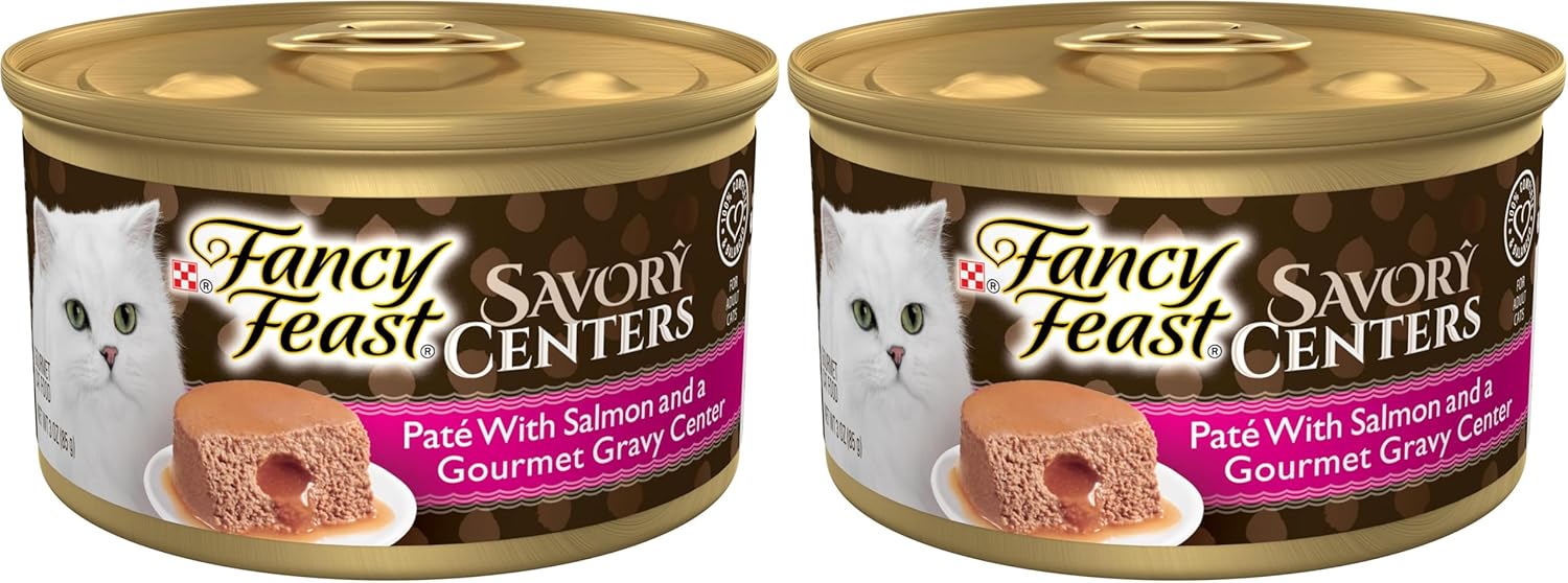 Fancy Feast Purina Savory Centers with Salmon Wet Cat Food Pate with Gourmet Gravy Center - 3 oz. Cans,(Pack of 48)