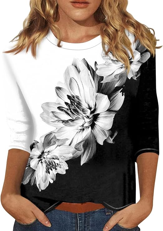 HTHLVMD Womens 3/4 Length Sleeve Tops 2025 Fall Fashion Floral Print Crewneck Causal Trendy Tunic Tops for Women