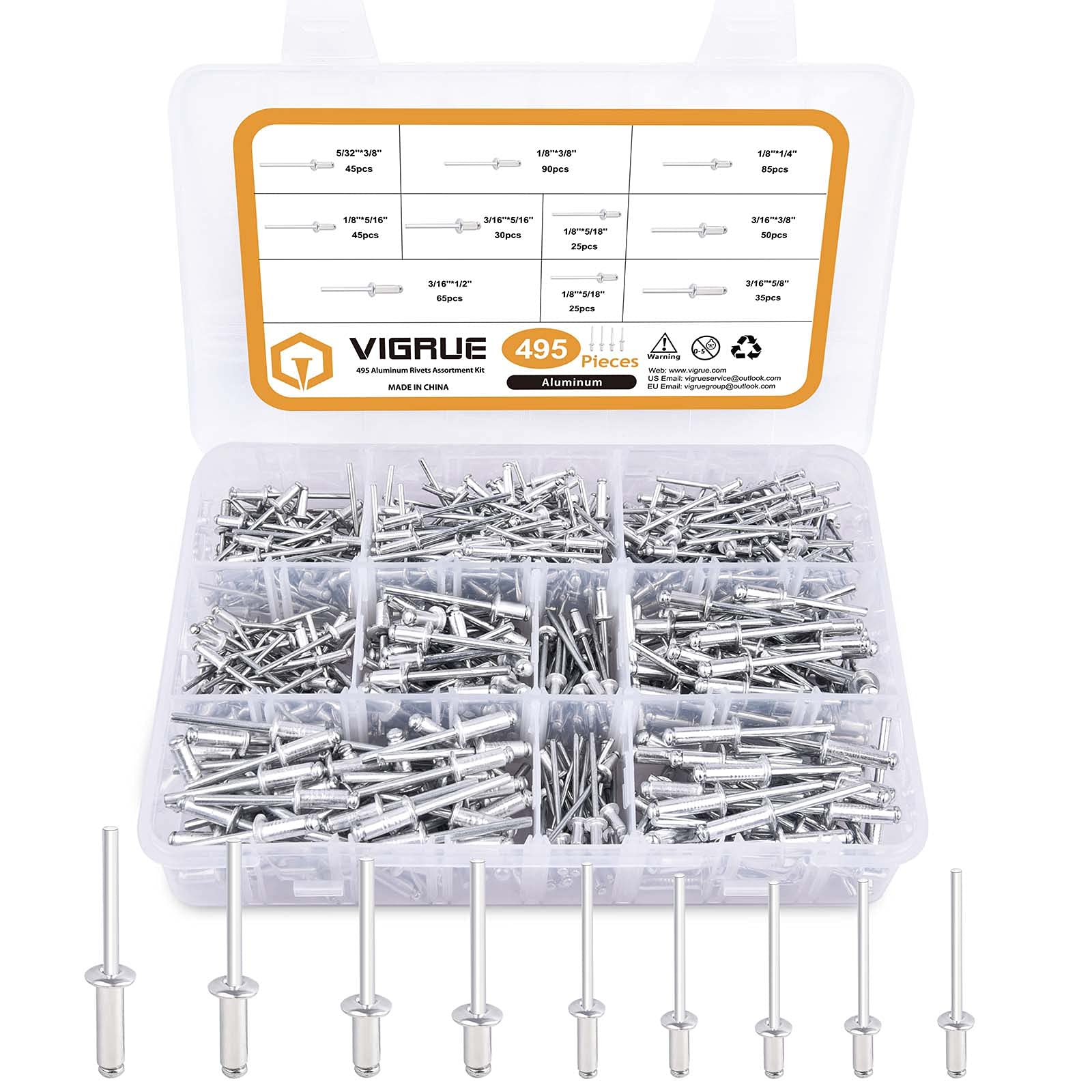 VIGRUE 495Pcs Aluminum Rivet Assortment Kit, Pop Rivets Blind Rivets 9