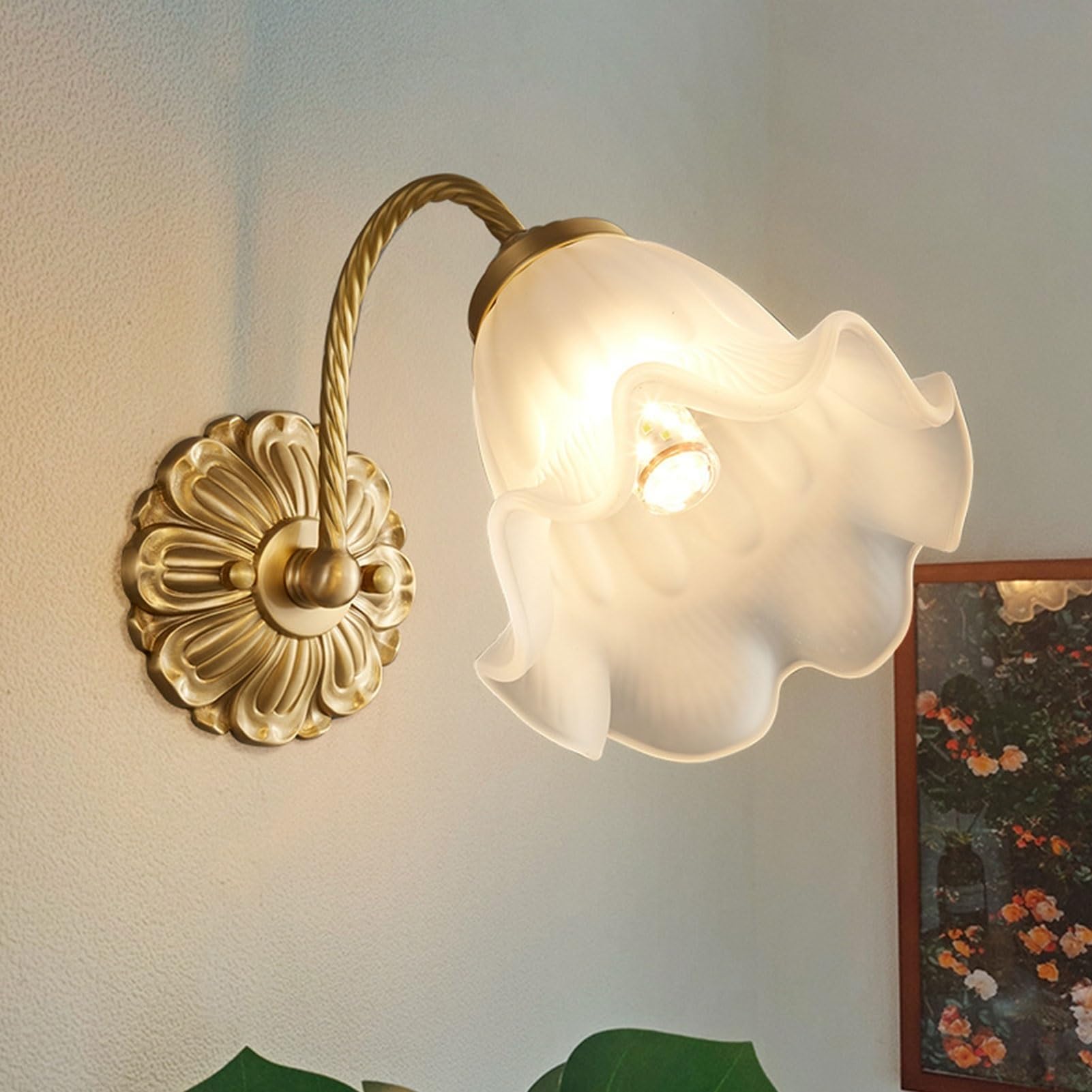 MOCHAMIK Lampy ścienne Kinkiety Kinkiety Oprawy oświetleniowe ścienne Retro Szklana ściana kwiatów Światło w stylu japońskim Mosiężna kinkiet Łazienka Próżność Kinkiety ścienne Oprawa ścienna do