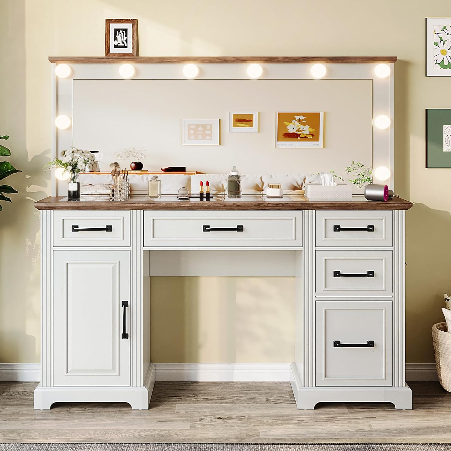 55" Makeup Vanity Table with Illuminated Mirror and Charging Station, Farmhouse Style Glass Top Desk with 5 Drawers, Rustic Dressing Table for Bedroom (Antique White)