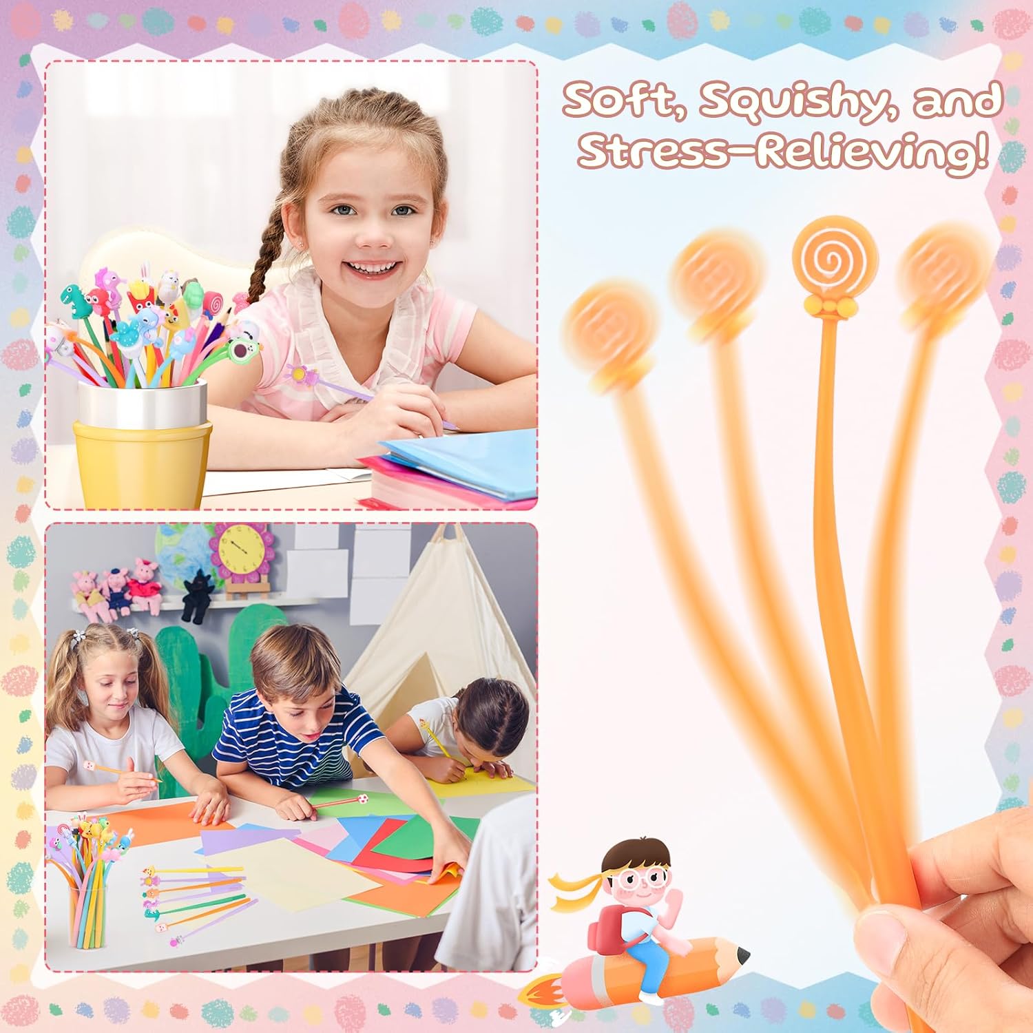 100pcs Squishy Pens, Fun Pens Bulk Cute Stress Relief Bobblehead Pen Novelty Black Ink Kawaii Cartoon Animal Pen for Prizes Party Favors Birthday Gifts Home Office