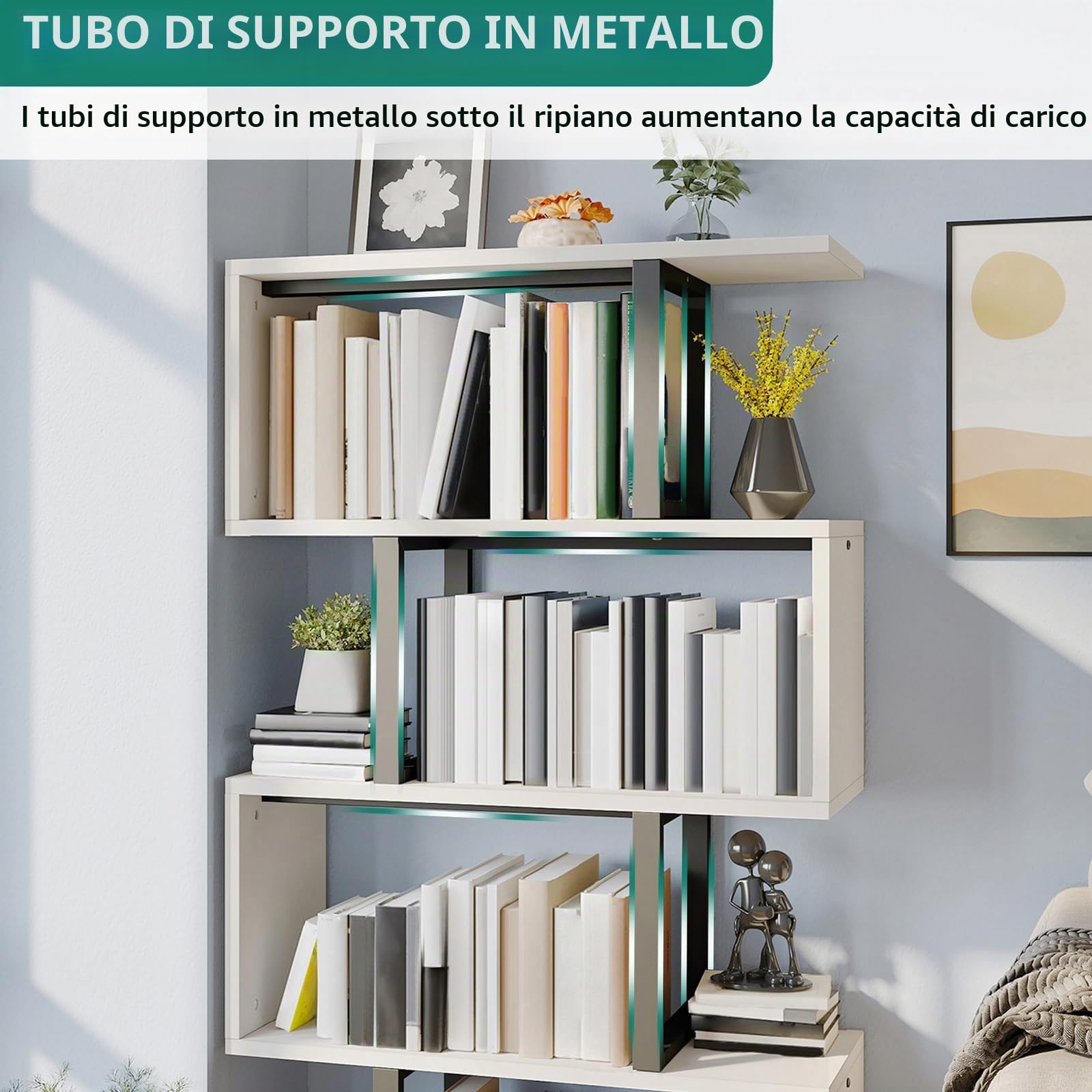 YITAHOME Libreria a 5 livelli, scaffale a forma di S, scaffale a Z e libreria, moderna e autoportante, multifunzione, per soggiorno, casa, ufficio, bianco panna
