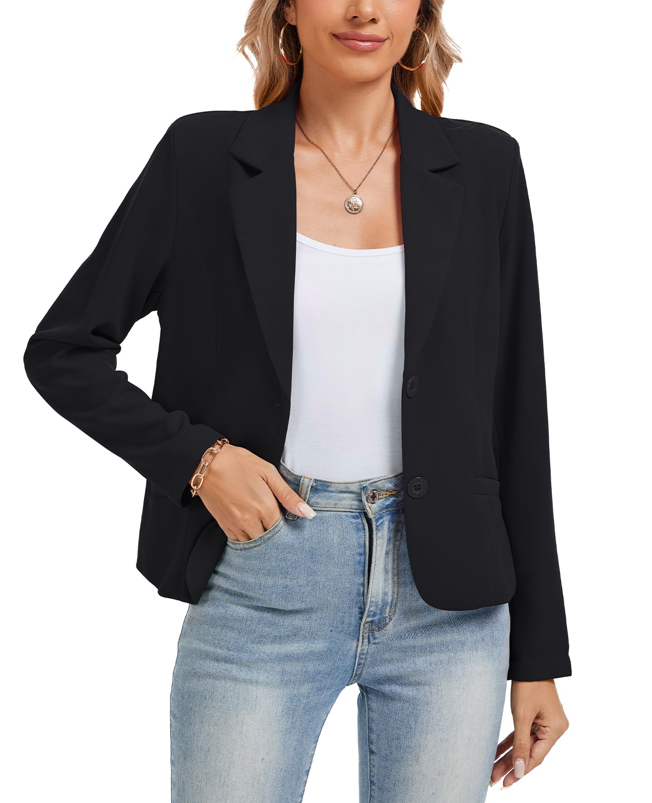 Womens Long Sleeve Blazers Casual Notched Lapel Work Padded Shoulder Button Front Blazer Jackets Pocket