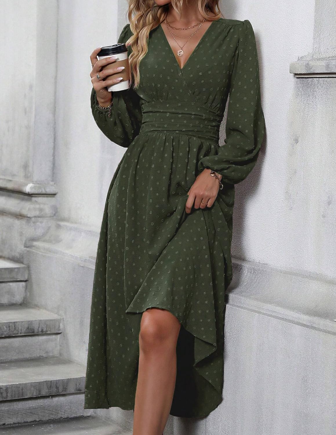 Damen Elegant Kleid Langarm V-Ausschnitt Freizeitkleider A-Linie Blumenmuster Wickelkleid Herbst Winter Laternenärmeln Kleid Partykleid Abendkleider