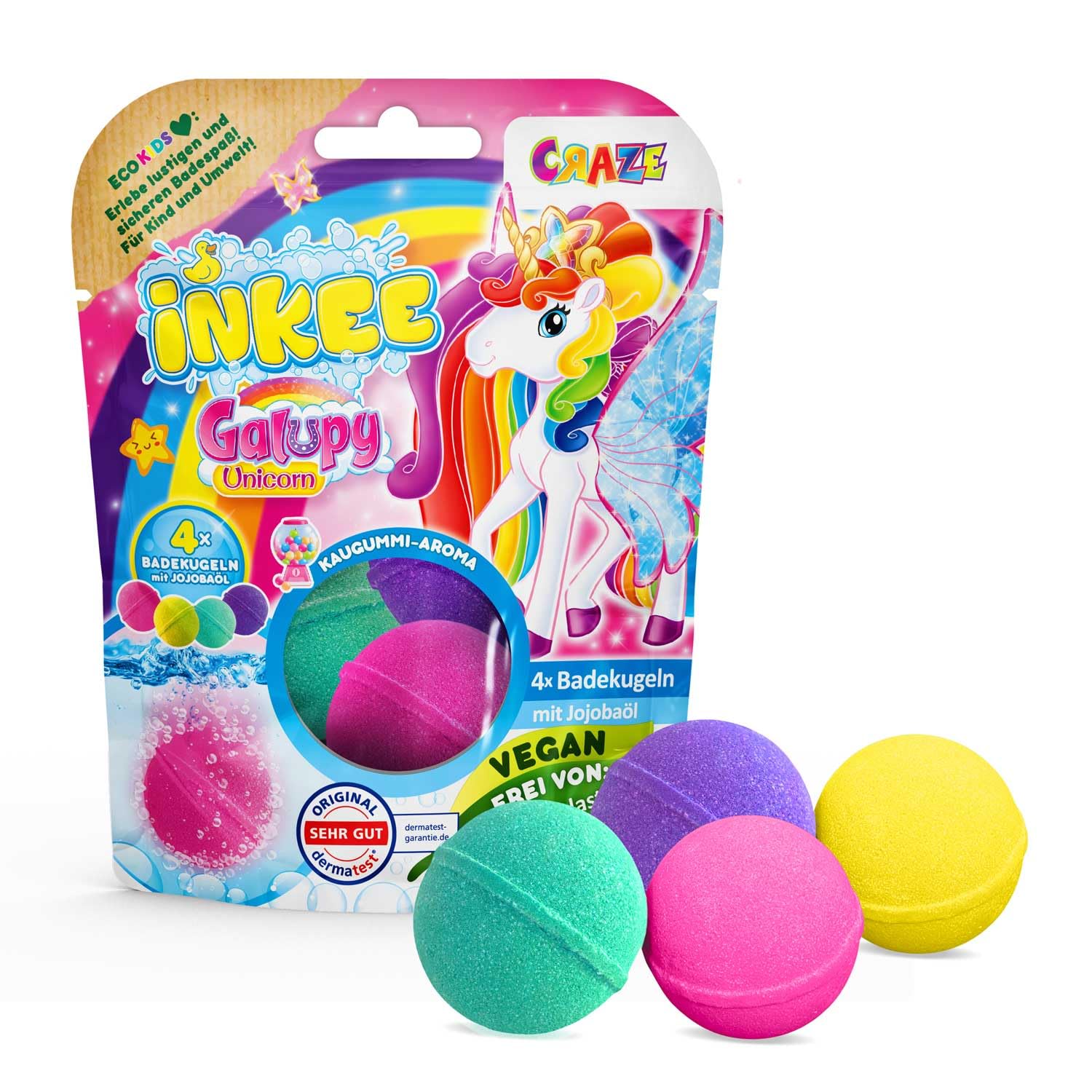 INKEE INKEE Galupy Unicorn, Pack de 4 Bombas de Baño de 50 gr con Aroma a Chicle en 4 Colores, con Aceite de Jojoba