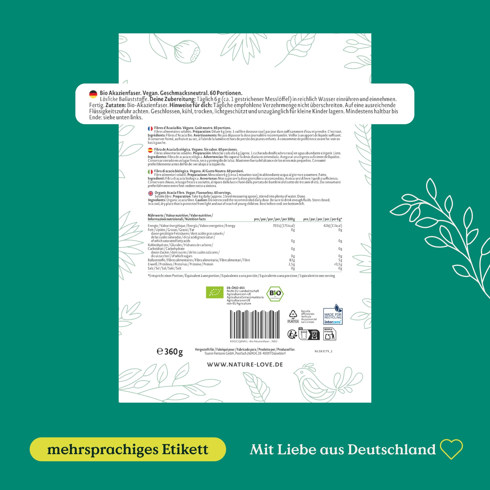 NATURE LOVE® Bio Akazienfaser Pulver – 360 Gramm – 80% Ballaststoffe, löslich, geschmacksneutral & vielseitig einsetzbar – 60 Portionen – vegan, laborgeprüft & in Deutschland produziert
