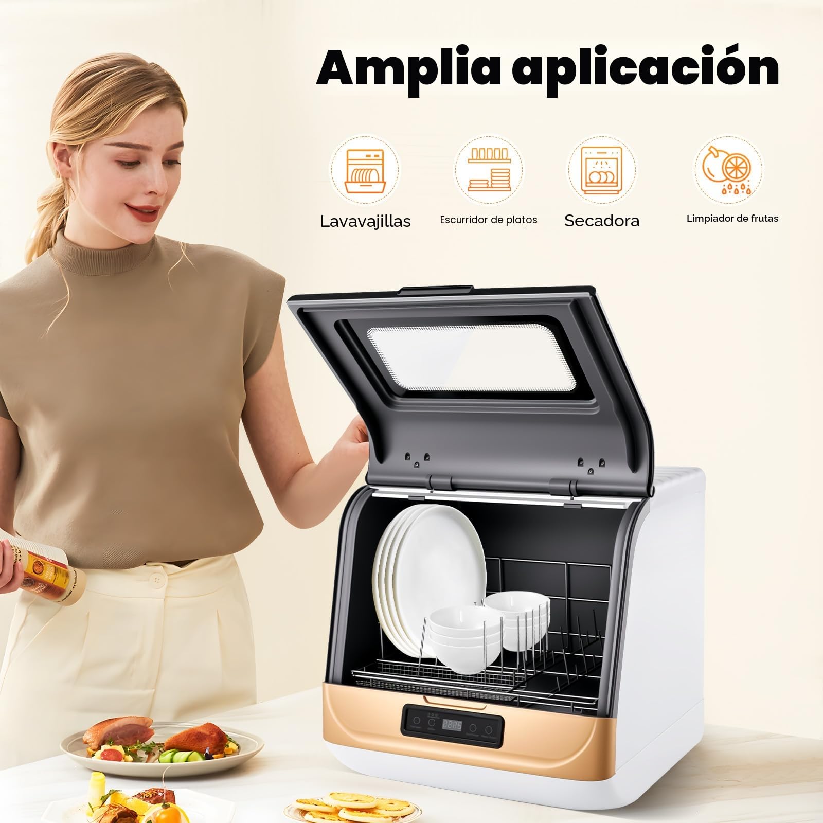 Lavavajillas de mesa 800 W, mini con 3 modos de limpieza, control táctil, secado residual y refrigerado por aire para 4-6 juegos (12-20 piezas)