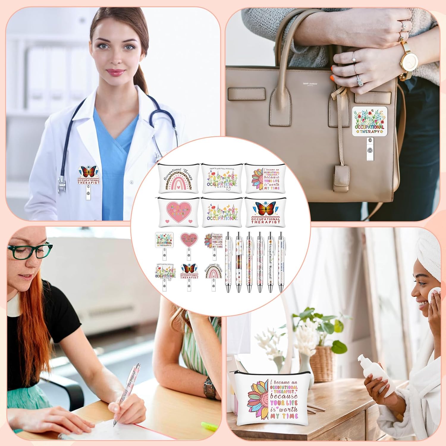18 Pcs Occupational Therapy Gifts 6 "Therapist Makeup Bags 6 "Therapist Snap-on Badges 6 "Therapist Roll-up Paper Ballpoint Pens Gifts Appreciation Gift for Occupational Therapy Assistant - Image 7