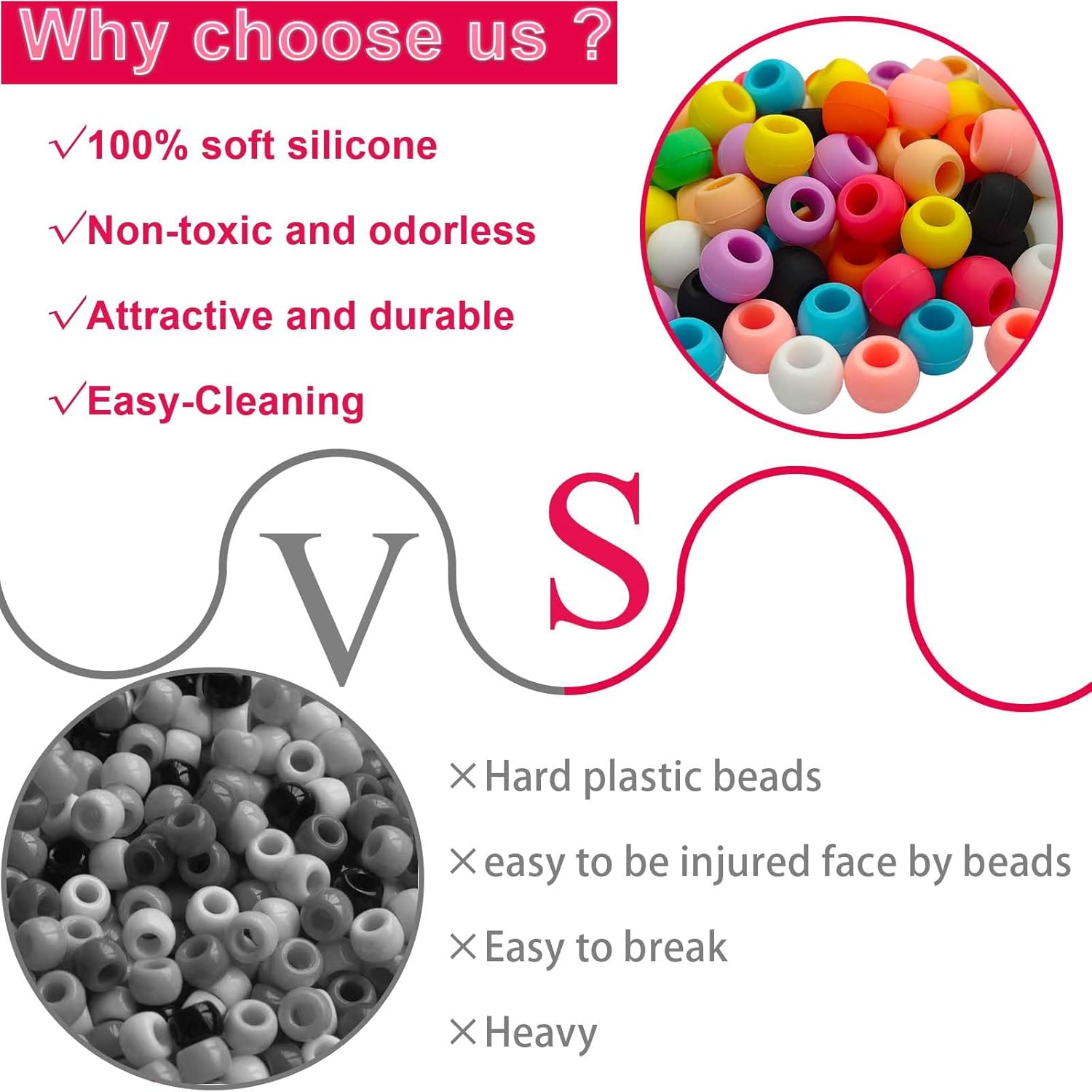 G GENLEAS 600pcs Silicone Beads Bulk, 5mm Colorful Soft Silicone Hair Beads for Braids for Girls, with 400pcs Elastic Rubber Bands & 4pcs Quick Beaders, Washable Hair Bead