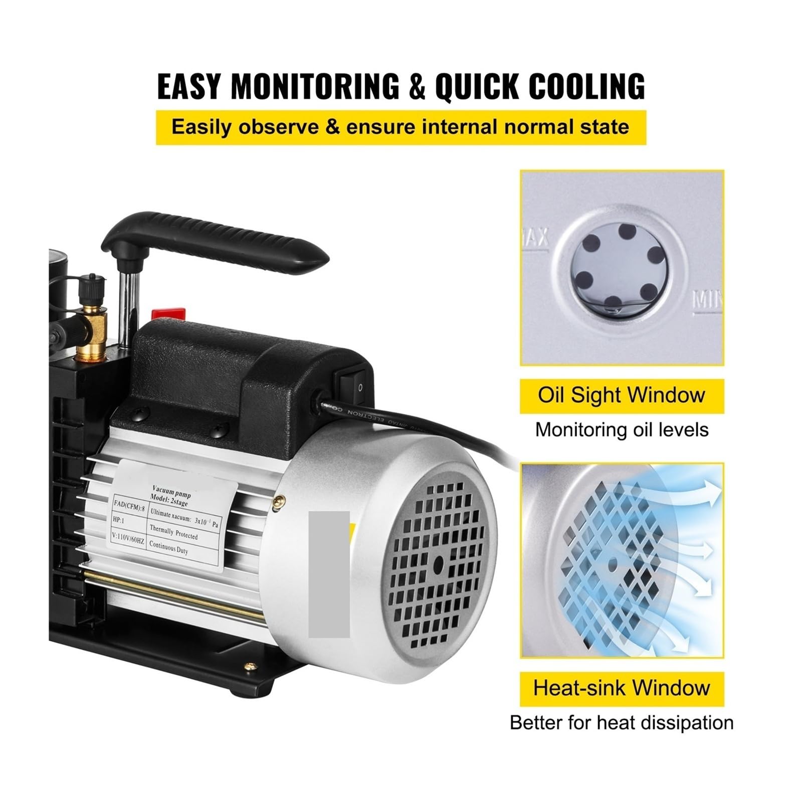Vakuumpumpe, Vakuumpumpe 1 PS, zweistufig, HVAC-Drehschieber-Entgasungsverarbeitung, Klimaanlage, Auto-AC-Kältemittel-Vakuumpumpe, 2-stufig(8CFM 1HP)