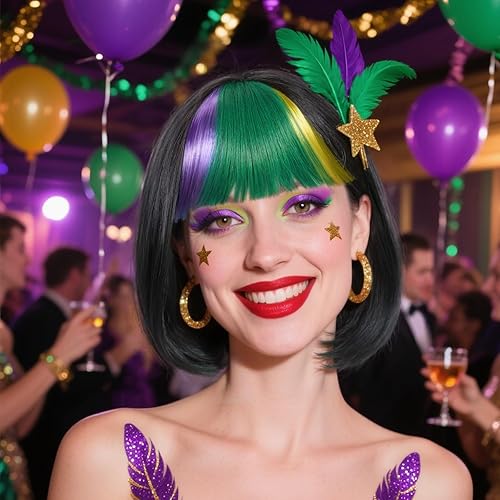 Miniatura 2 de ANOGOL Gorro de pelo + peluca de Mardi Gras, pelucas moradas, verdes y amarillas, peluca negra Bob con flequillo, traje de Mardi Gras para mujer,