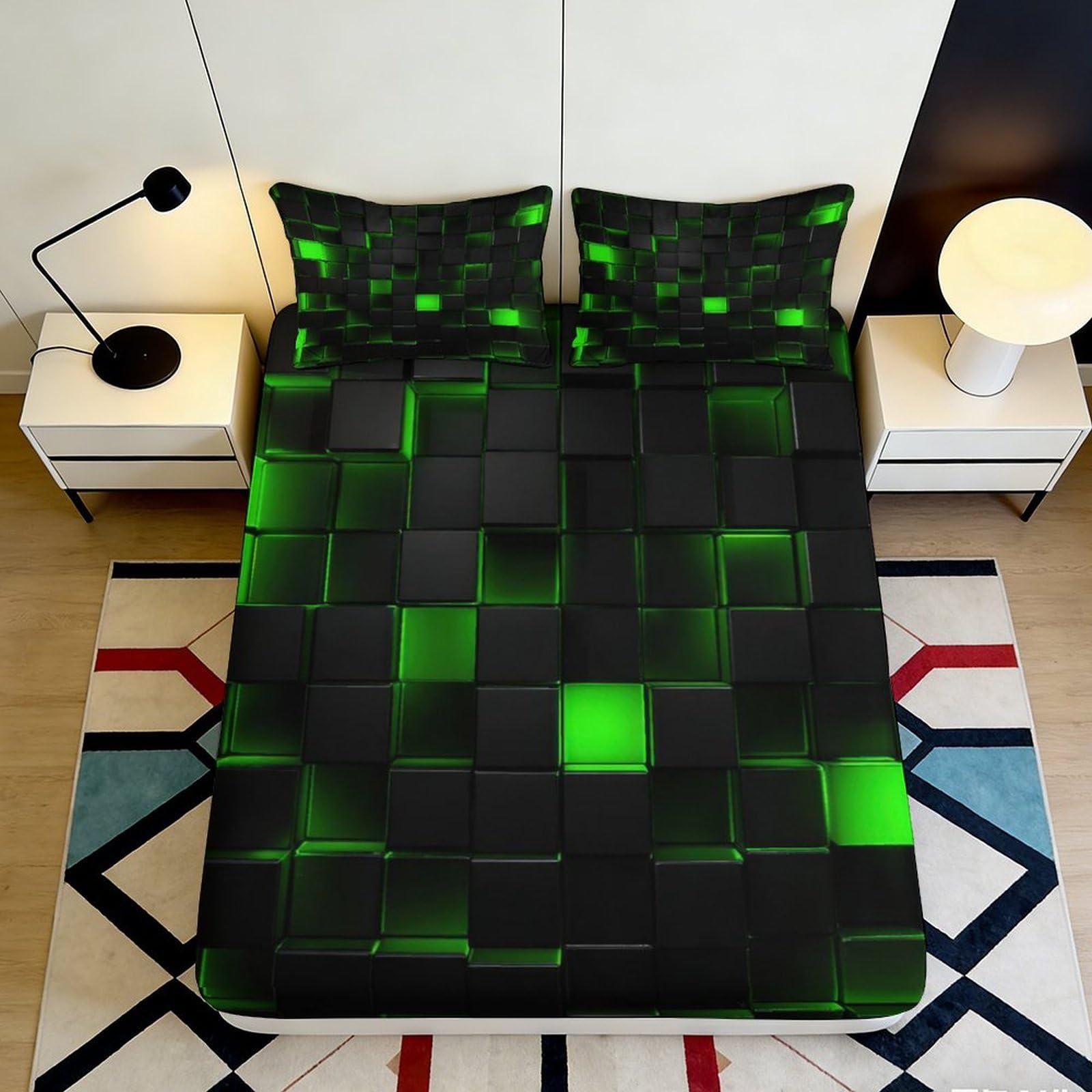 Pnayamiorkfel Style-2 3D Printed Neon Green Cube Fitted Sheet Microfiber Soft Modern Geometric Bed Cover For Bedroom Guest Room Decor 90X200x25cm
