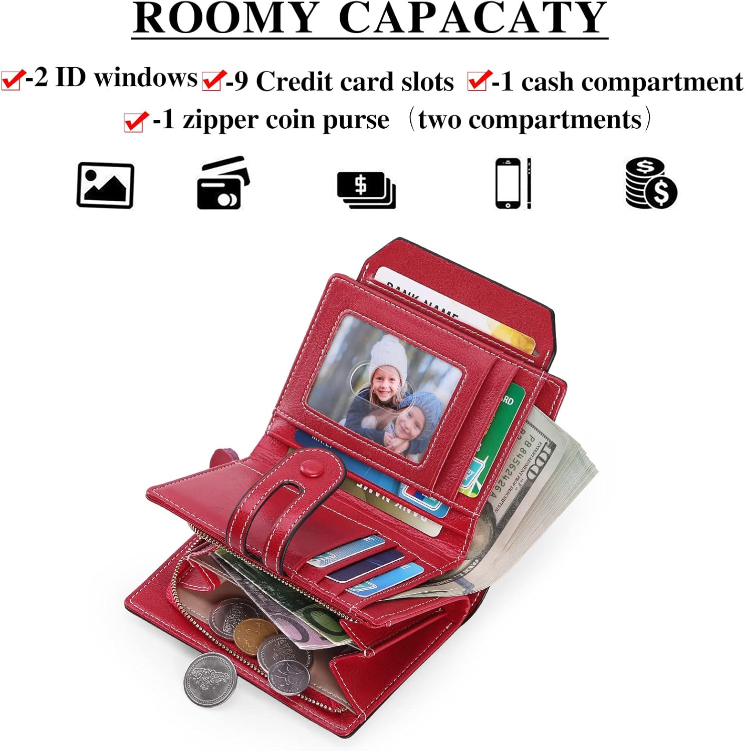 GOIACII Small Wallet Women Rfid Blocking Genuine Leather Compact Bifold Card Holder for Women with Zipper Coin Pocket 2 ID Windows - Image 2