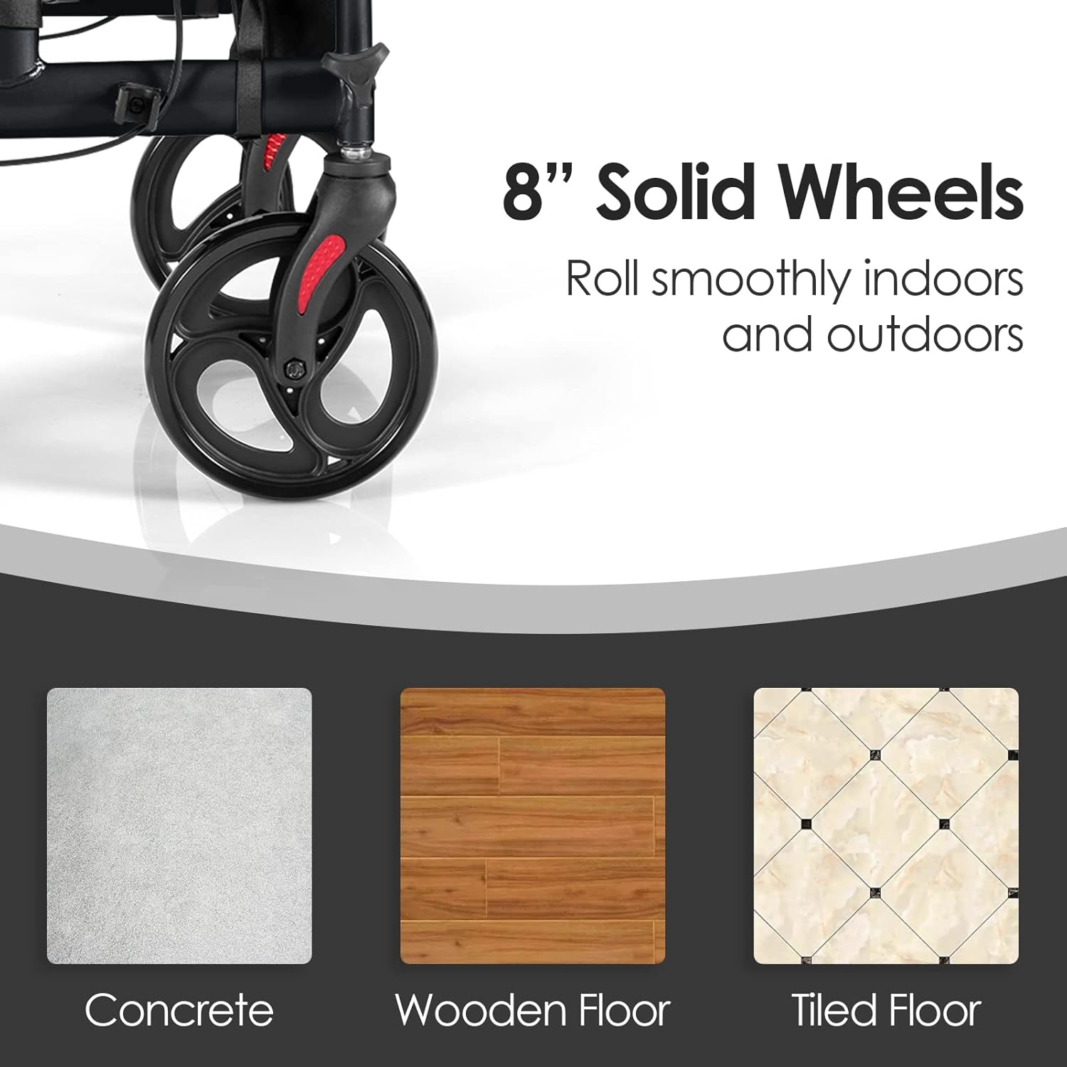 Close-up of 8-inch solid wheels and suitable surfaces