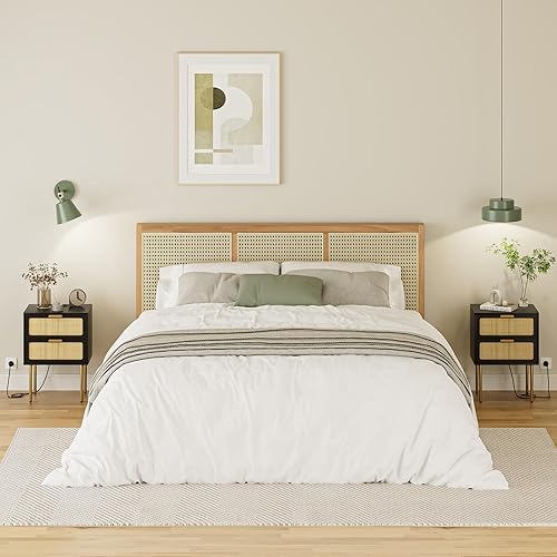 Miniatura 9 de Aobafuir Mesita de noche de ratán con estación de carga, cómoda de 2 cajones para dormitorio, mesita de noche pequeña con 2 cajones, mesita de