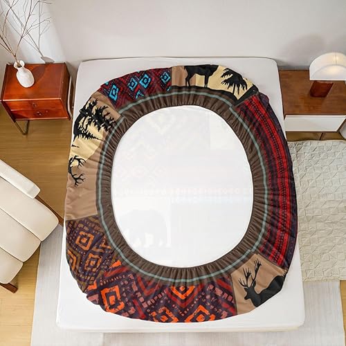 Miniatura 5 de Juego de ropa de cama de ciervo, alce y oso, tamaño Queen, diseño azteca occidental, juego de sábanas rústicas para adolescentes y hombres, sábana