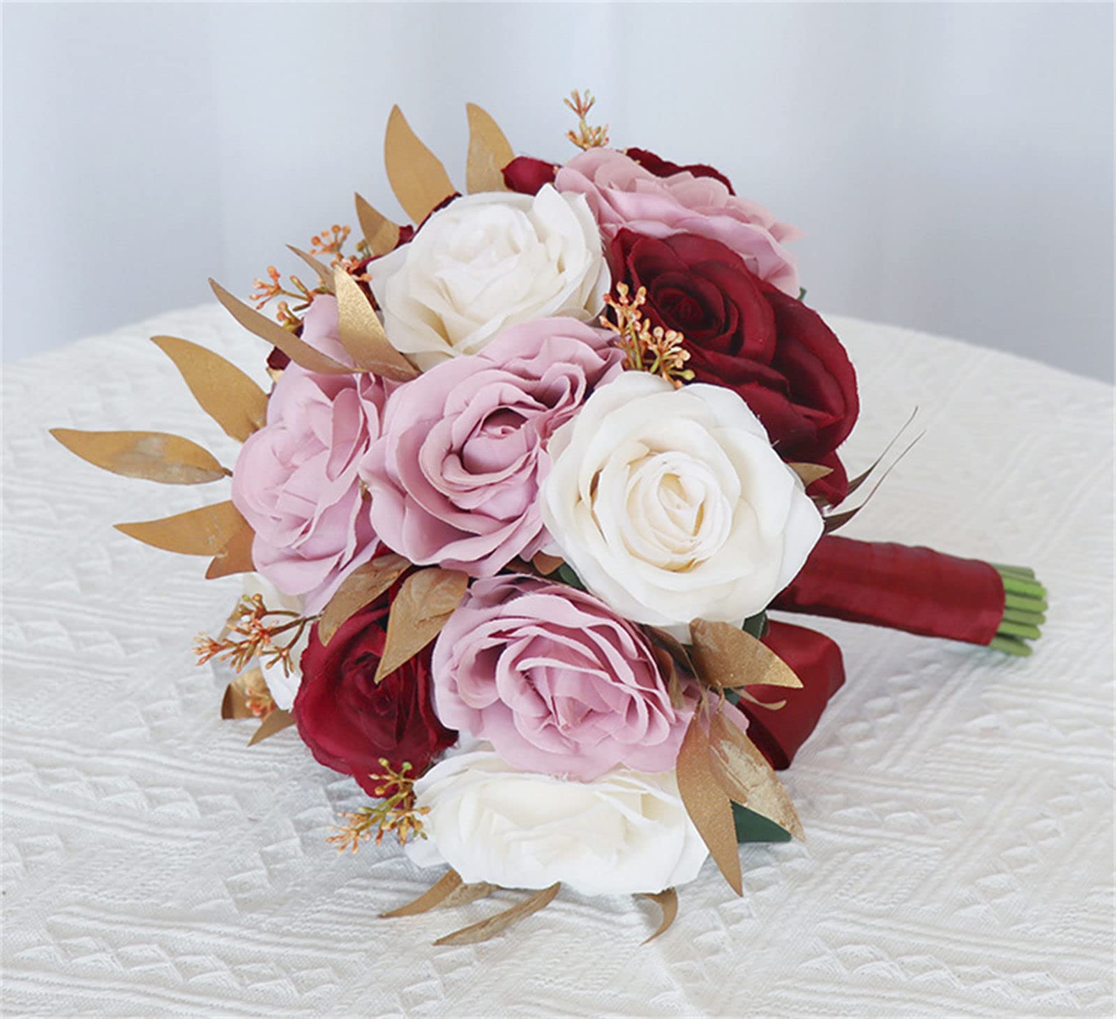 Bouquet di Fiori Artificiali da 8 Pollici, Rose Bianche finte in Seta, Bouquet da Sposa per Cerimonia, Anniversario, Baby Shower, Boho Rustico Vintage.
