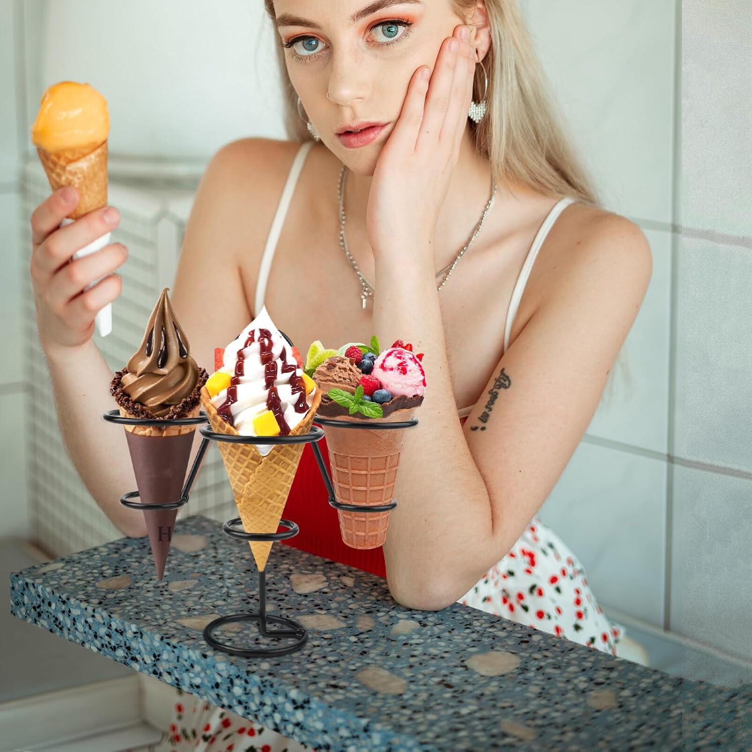 Wakauto Dessert Display Stands Black Iron Ice Cream Cone Holder Stand with Base to Display Snow Cones Popcorn Candy French Fries Sweets Sushi Hand Rolls Savory Cupcakes Stand image 3
