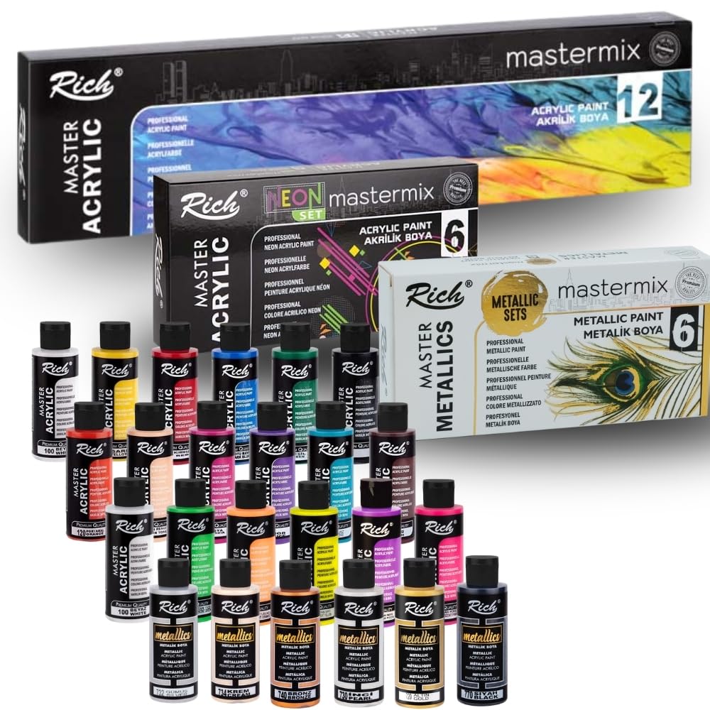 Rich Mastermix Acrylfarben Komplettset 24 Farben x 60 ml, 12 Standardfarben, 6 Neonfarben & 6 Metallicfarben jeweils 60 ml – Hochpigmentierte Künstlerfarben für vielseitige Kreativprojekte
