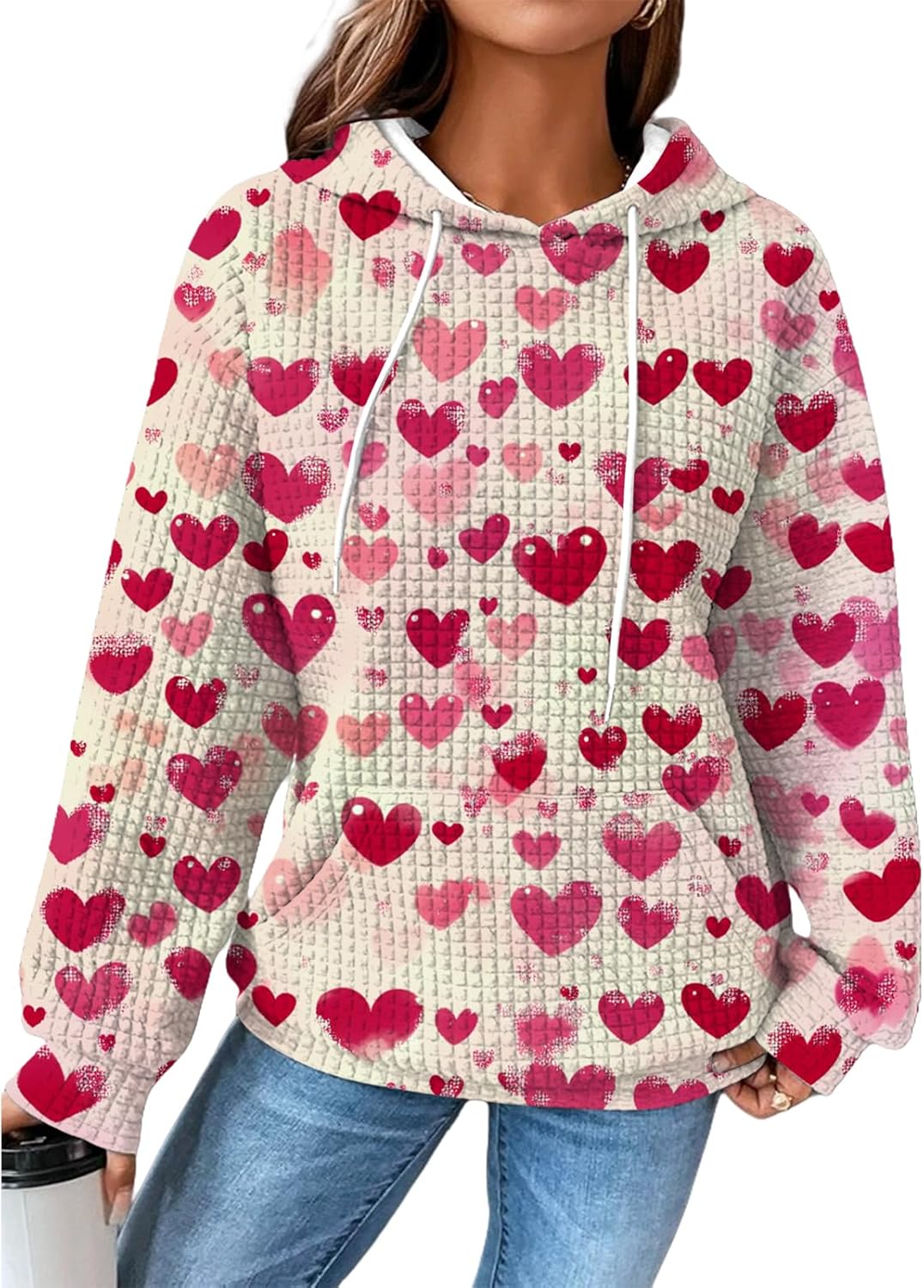 Valentines Hoodies For Women Heart Print Pullover Waffle Outdoor Oversized Fashion Hooded 2025 Fashion Sweatshirt